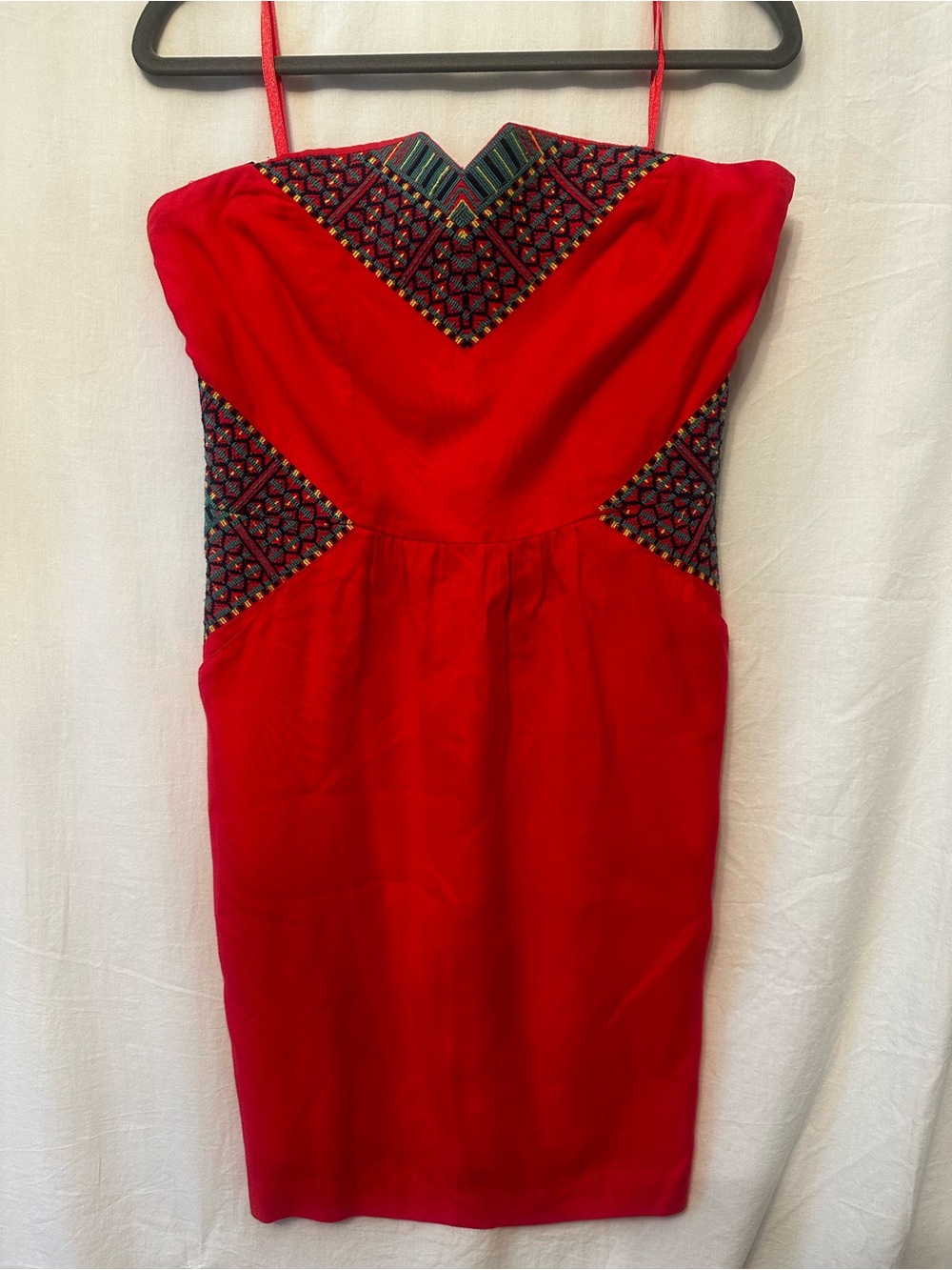 Ecoté Anthropologie Red Embroidered Mini Dress XS Strappy Boho Bodycon